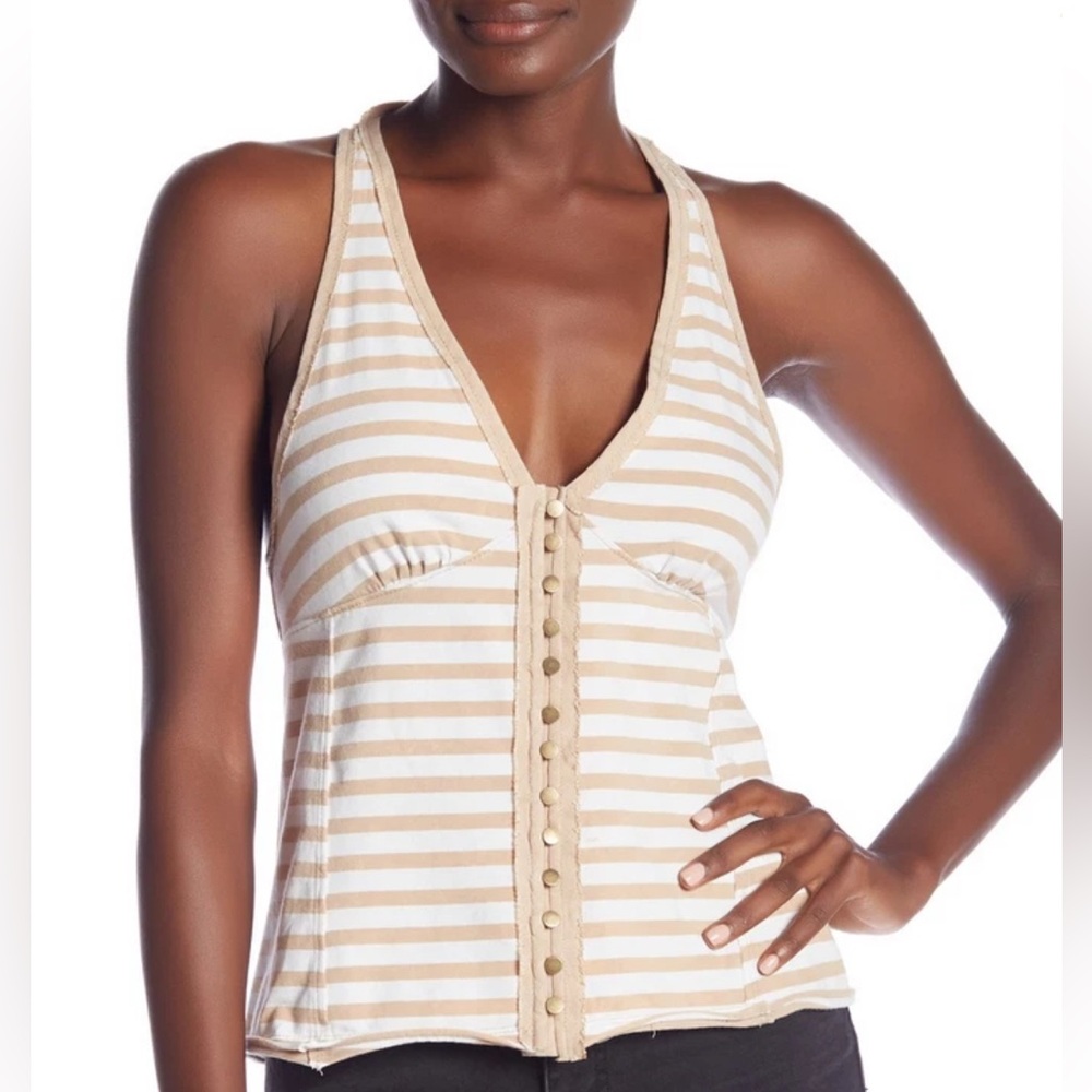 Free People Mylo Tank Top White Tan Stripe Small
